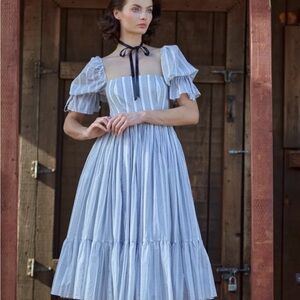 Selkie Blue and White Striped Market Midi Dress